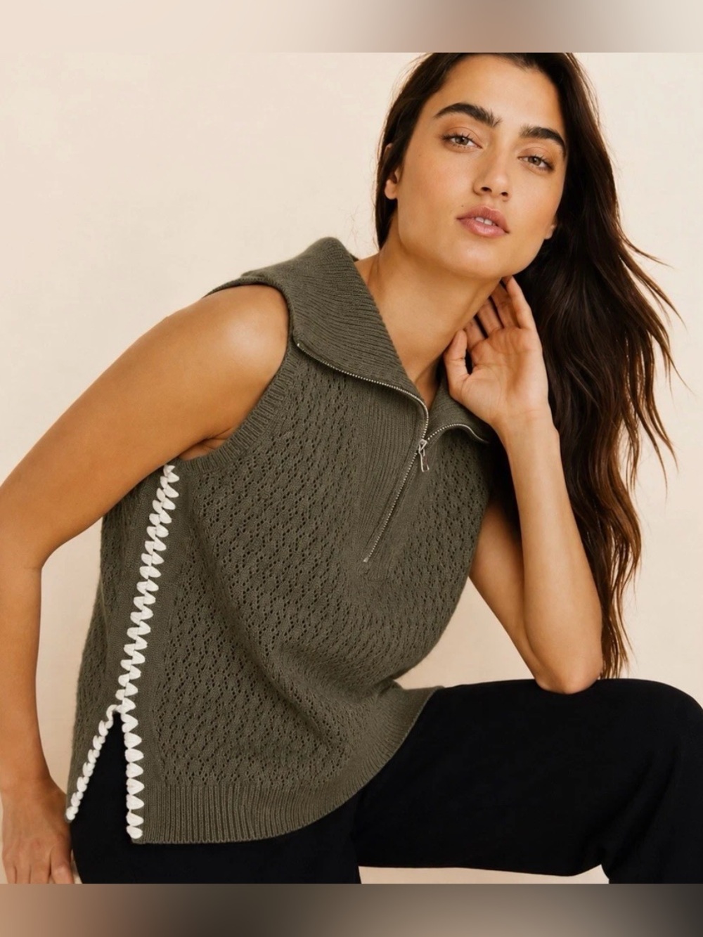 Lou & Grey light chocolate Sleeveless Zip-Knit Top with Contrast Trim